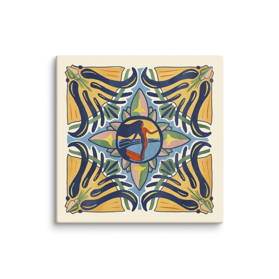 Surfer Silhouette Talavera Tile Medallion Bold Surf Art Poster