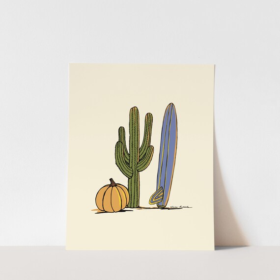 Saguaro Cactus Giant Pumpkin Longboard Fall Desert Surf Art Poster