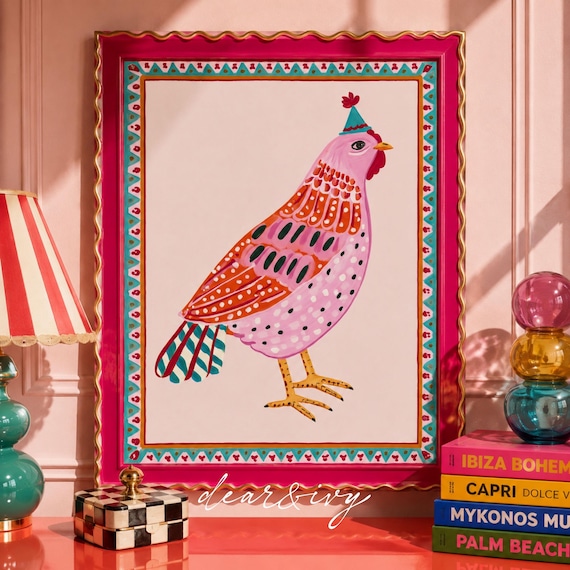 Whimsical Chicken Print Party Hat Bird Poster Colorful Folk Art Farm Animal Dopamine Pink Orange Wall Digital Download