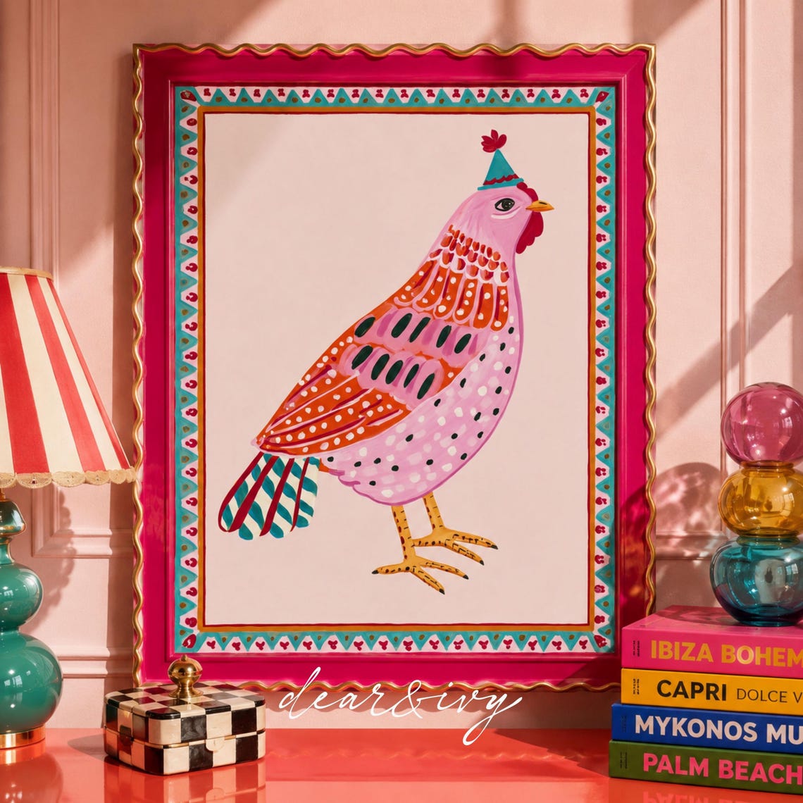Pink Party Hat Chicken Colorful Folk Art Maximalist Bird Poster
