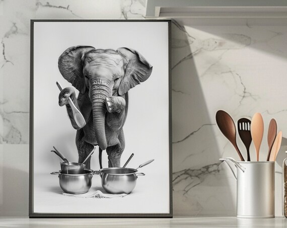 Funny Baby Elephant Cooking with Pots and Spoons Kitchen Poster