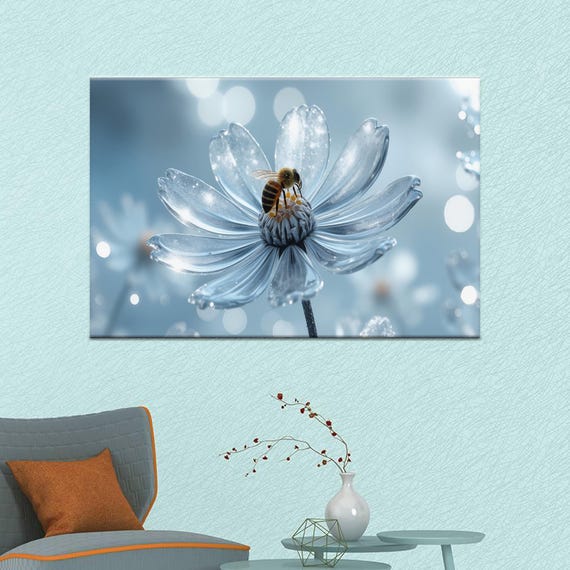 Nature Inspired Canvas Wall Art Bee On Flower Artwork Modern Botanical Painting Elegant Floral Home Decor For Living Room