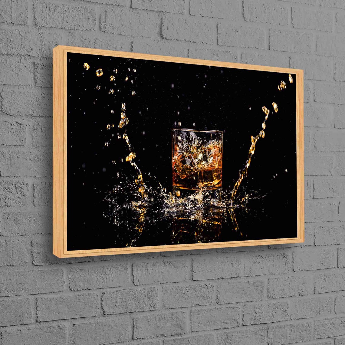 Whiskey Glass Splash Dramatic Black Background Bar Art Poster