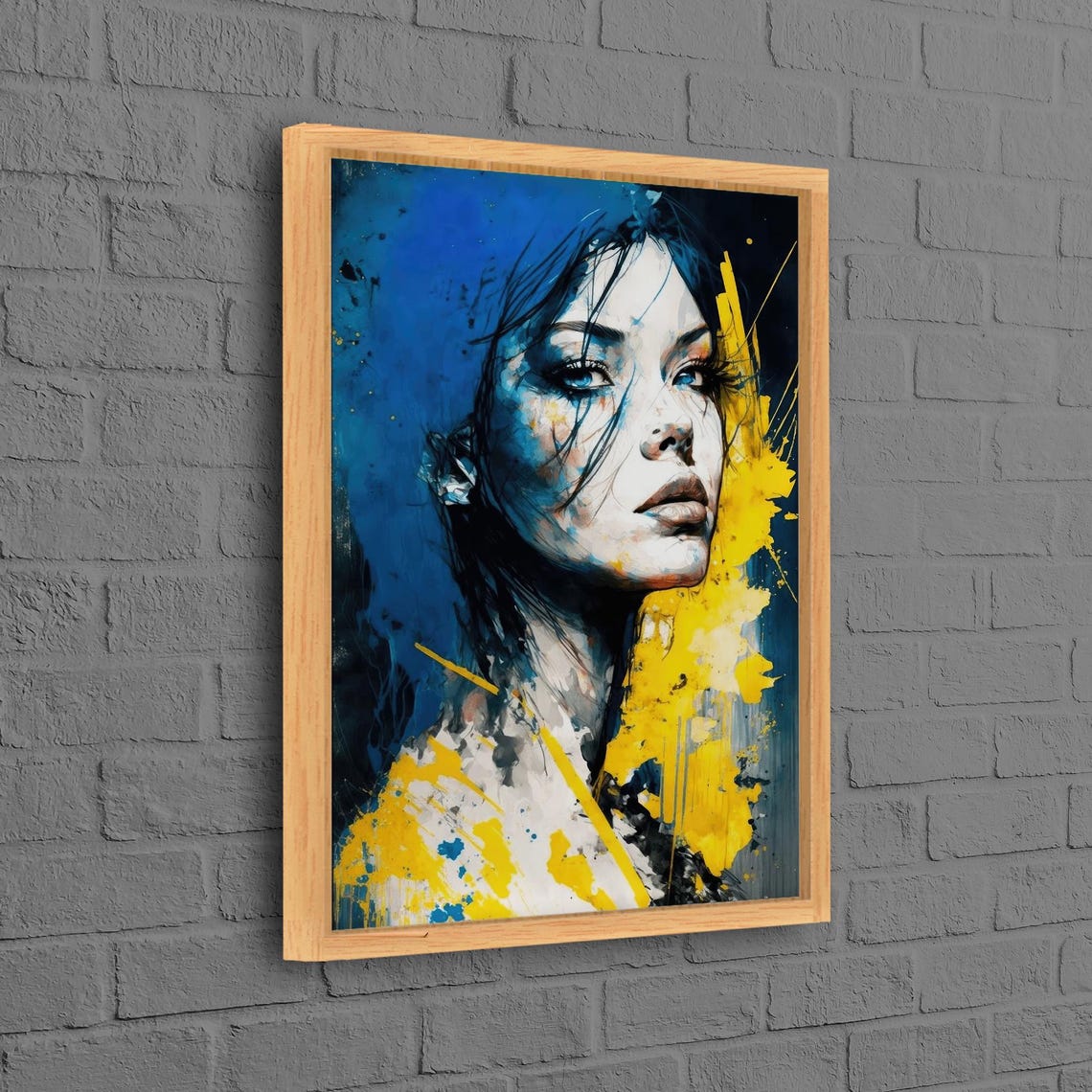 Abstract Woman Portrait Blue and Yellow Paint Splash Art Print