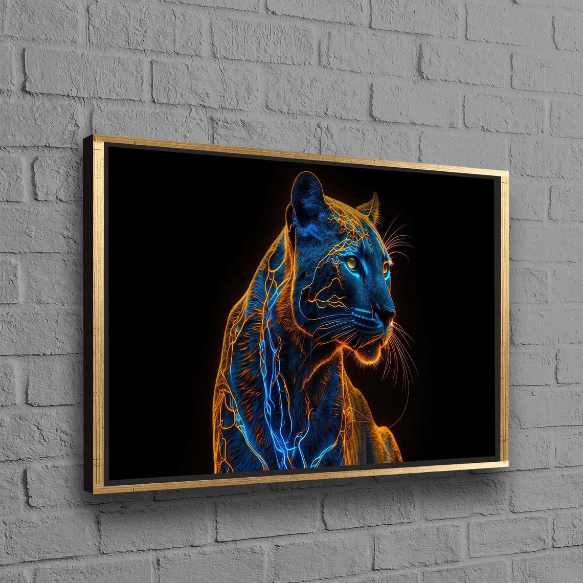 Neon Panther Portrait Black Background Glow Digital Art Poster