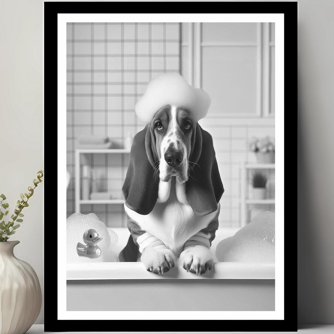 Basset Hound Bubble Bath Foam Hat Black White Funny Bathroom Poster