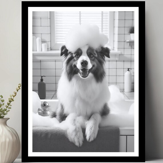 Australian Shepherd Wall Art Funny Bathroom Decor Pet Portrait Dog Gift In Bubble Bath