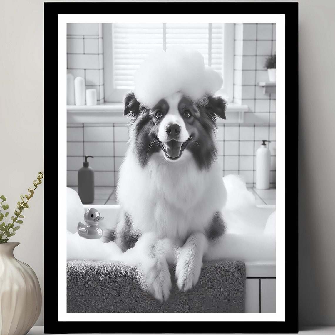 Smiling Australian Shepherd in Bubble Bath With Rubber Duck Poster