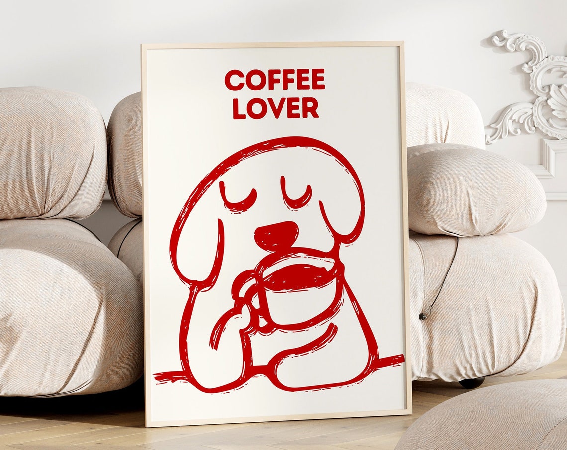 Cute Red Line Art Coffee Lover Dog Holding Mug Kitchen Poster - Image 4