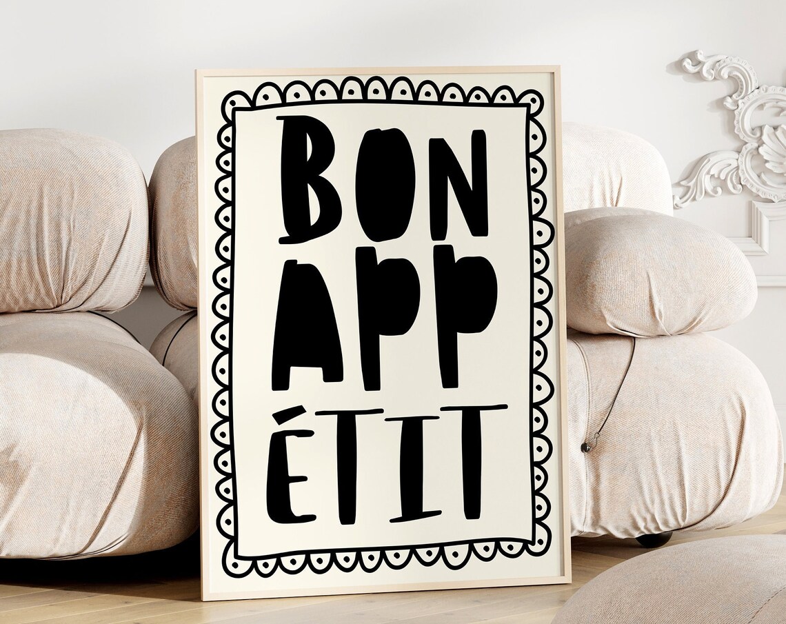 Bon Appetit Black Typography Scalloped Border Kitchen Poster - Image 4