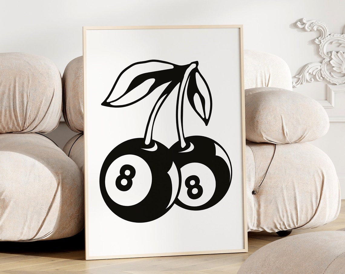 Retro 8 Ball Cherries Black and White Lucky Charm Wall Poster - Image 3