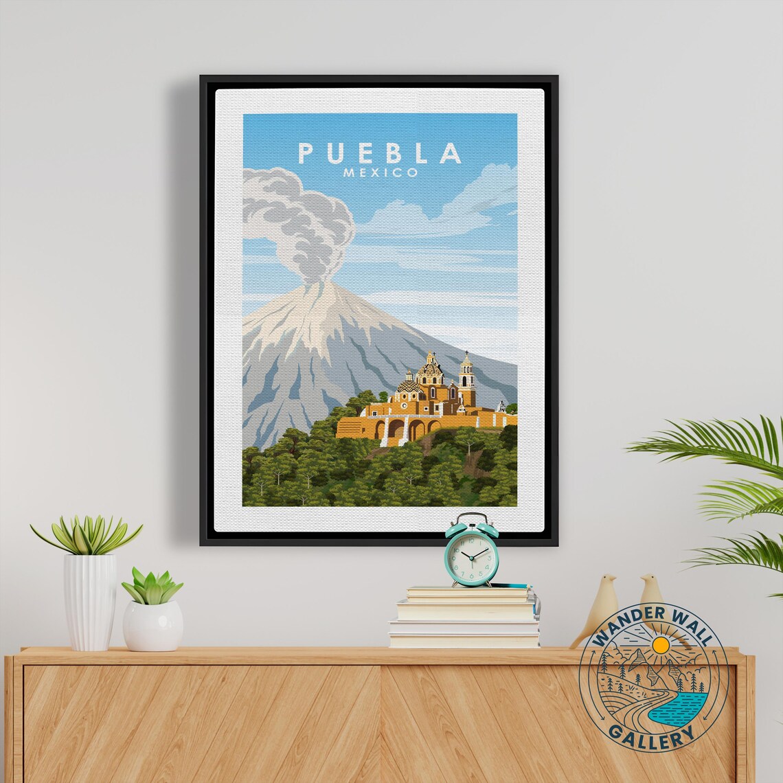 Puebla Mexico Church Hill Smoking Volcano Colonial Retro Travel Poster - Image 5
