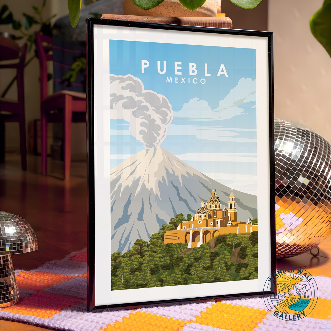 Puebla Mexico Church Hill Smoking Volcano Colonial Retro Travel Poster - Image 4