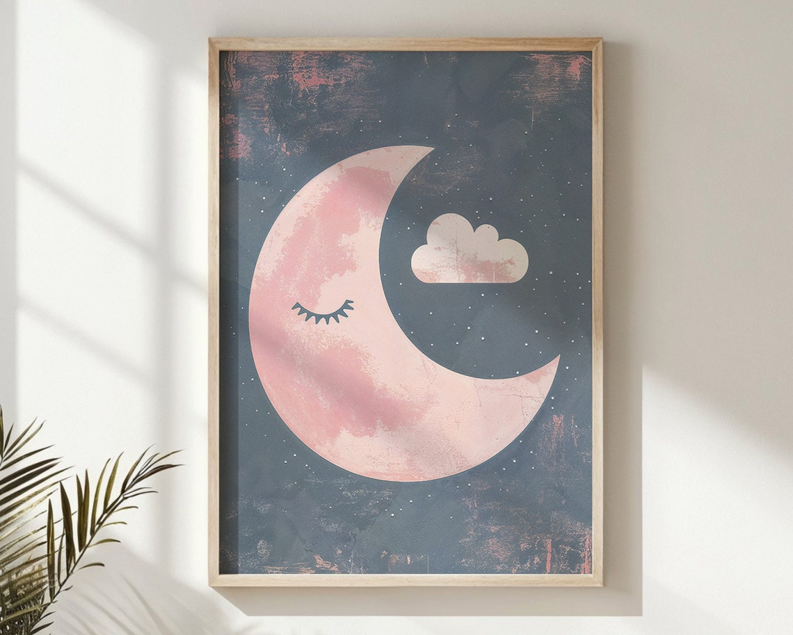 Sleepy Pink Crescent Moon And Cloud On Navy Night Sky Nursery Poster - Image 6