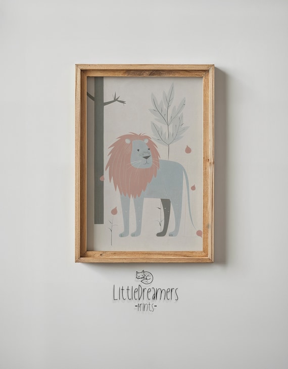 Pastel Lion With Dusty Rose Mane Minimalist Nursery Wall Art Poster