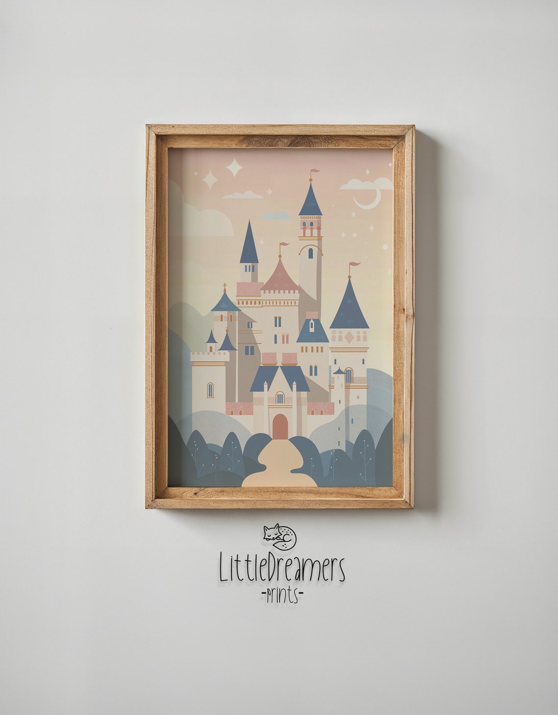 Pastel Fairytale Castle Blue Pink Turrets Crescent Moon Nursery Poster - Image 5