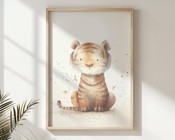 Baby Tiger Cub Watercolor Sitting Neutral Nursery Jungle Animal Poster