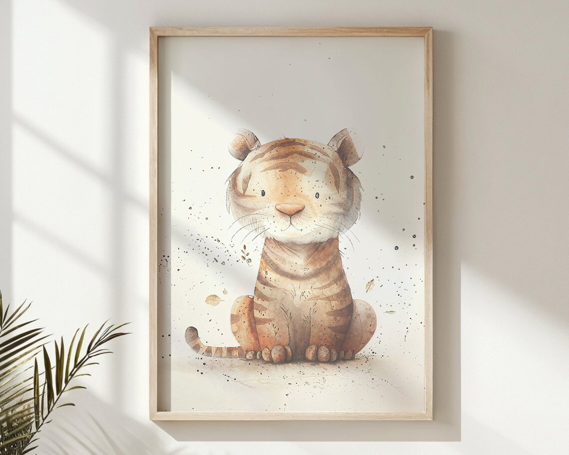 Baby Tiger Cub Watercolor Sitting Neutral Nursery Jungle Animal Poster