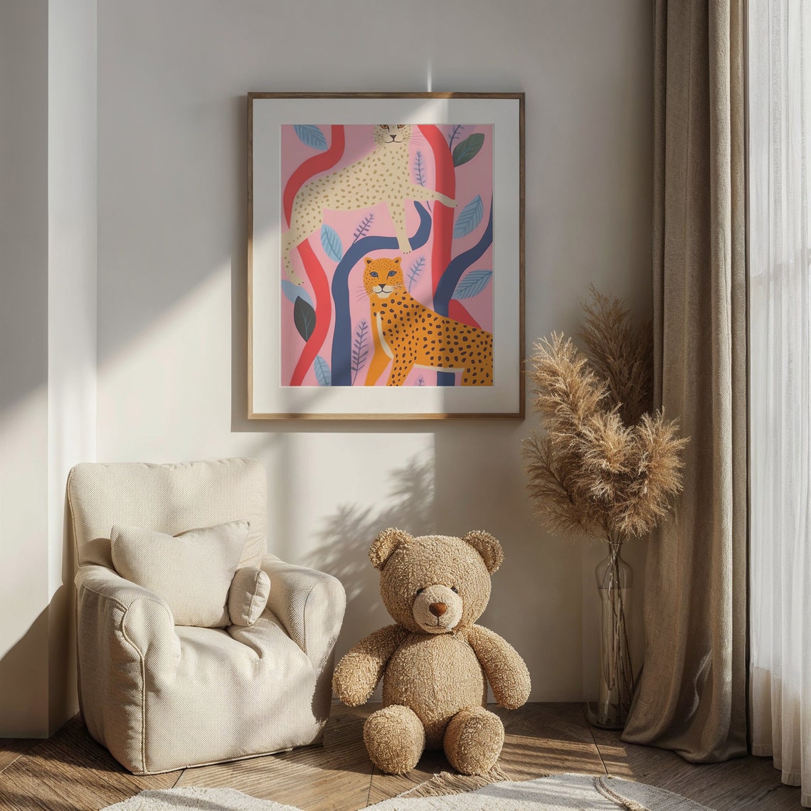 Two Spotted Big Cats Pink Abstract Jungle Branches Nursery Poster - Image 3