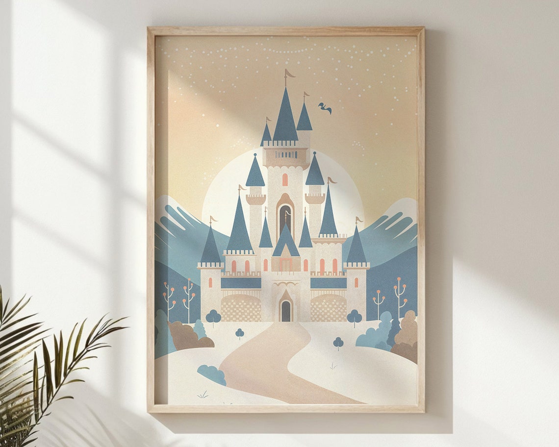 Blue Roofed Fairytale Castle Under Full Moon Winding Path Kids Poster - Image 6