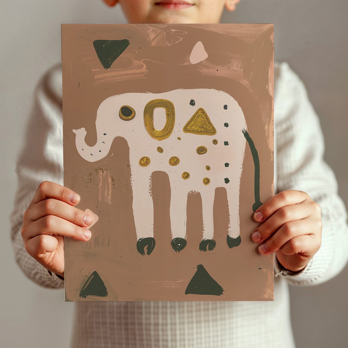 Abstract White Elephant Gold Geometric Terracotta Safari Wall Poster - Image 2