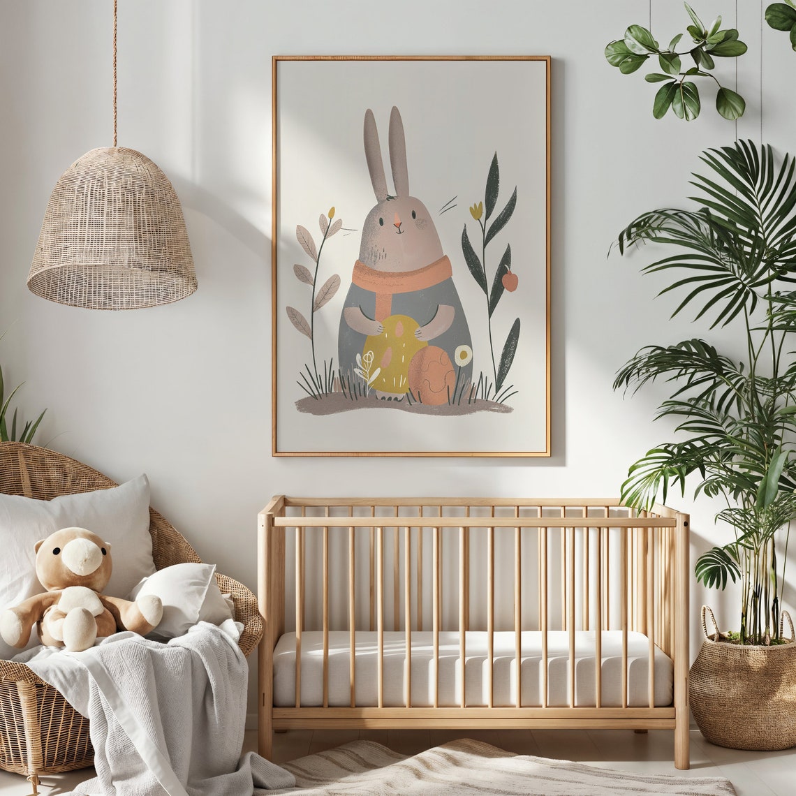 Gray Bunny in Orange Scarf Holding Easter Egg Minimal Kids Poster - Image 3