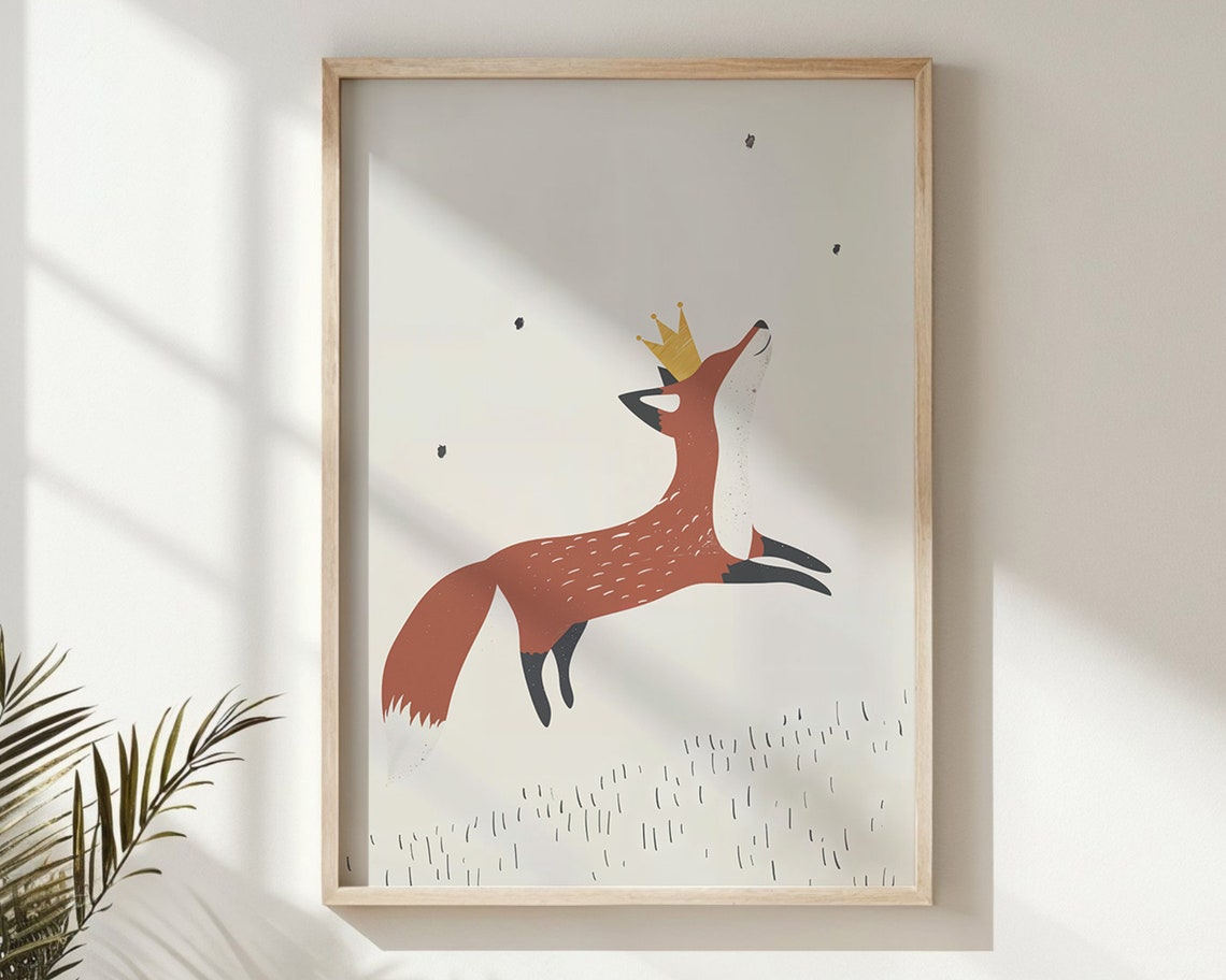 Rust Red Fox Gold Crown Leaping Minimalist Neutral Nursery Wall Poster - Image 6