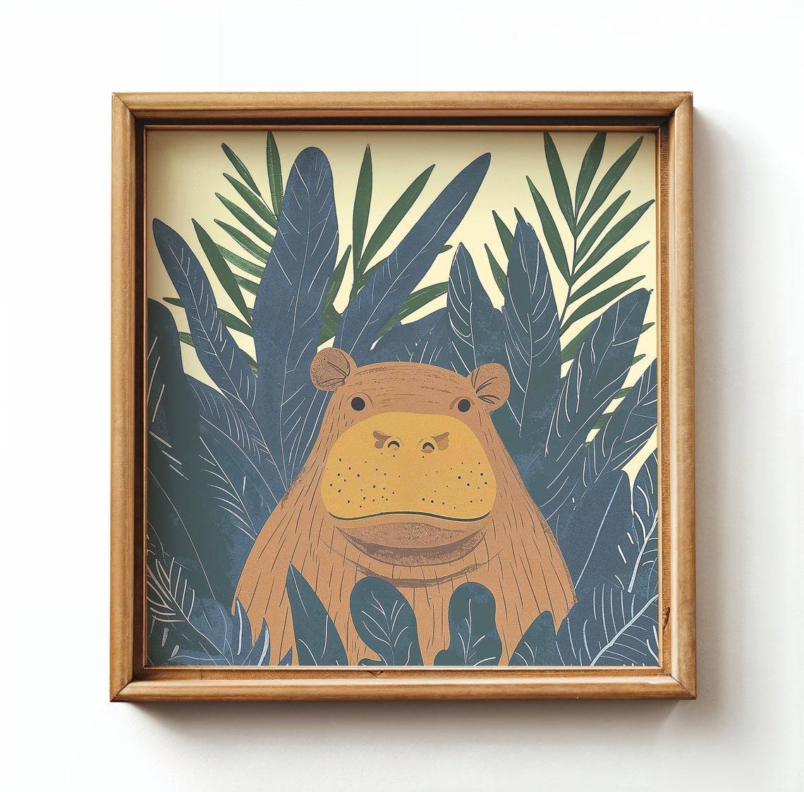 Smiling Hippo Peeking From Navy Jungle Leaves Nursery Poster - Image 5