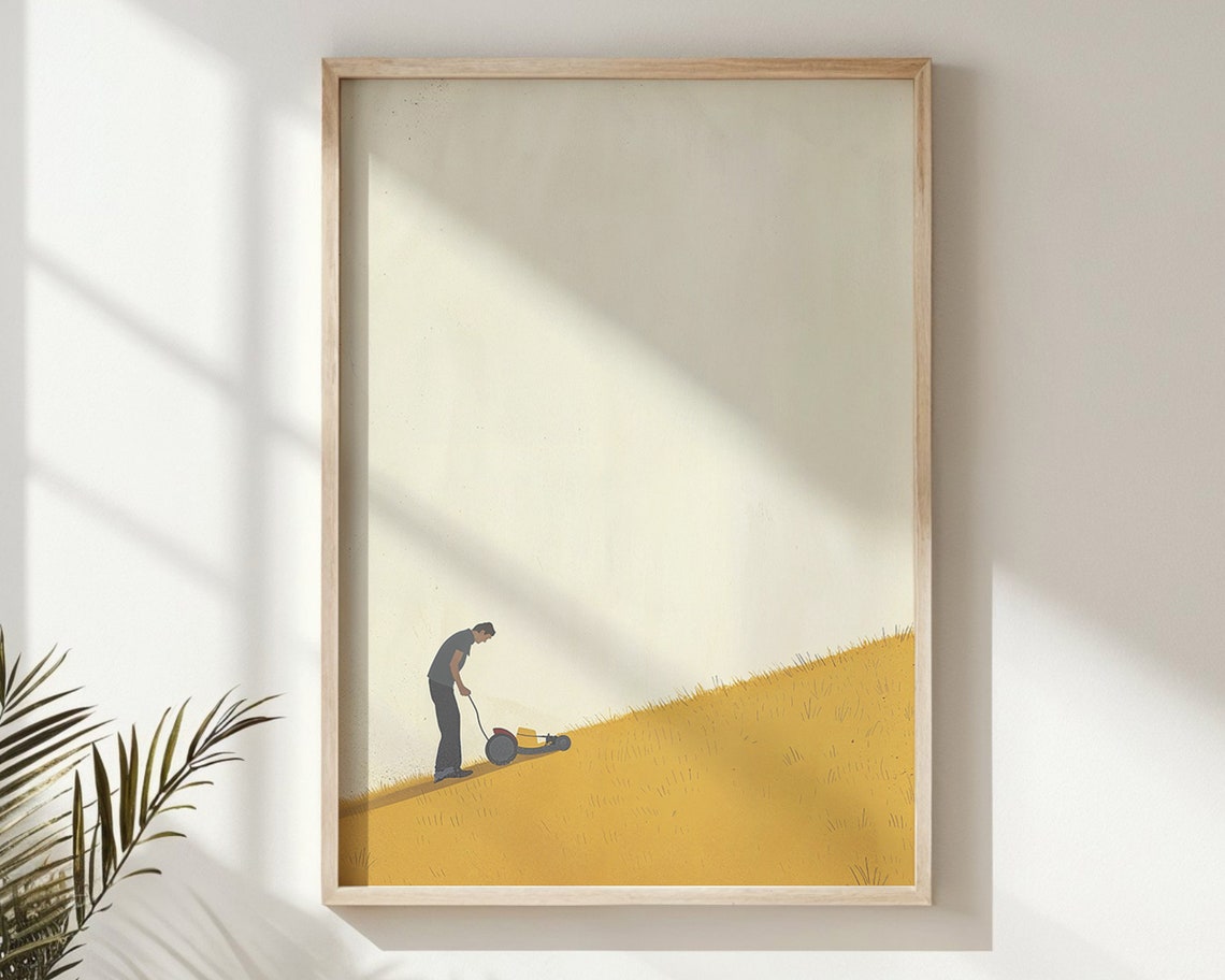 Man Mowing Steep Golden Hill Minimalist Cream Tone Illustration Poster