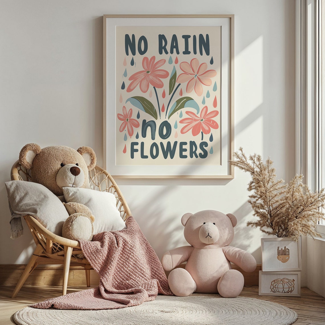 No Rain No Flowers Floral Quote Pink Blossoms Raindrops Nursery Poster - Image 3