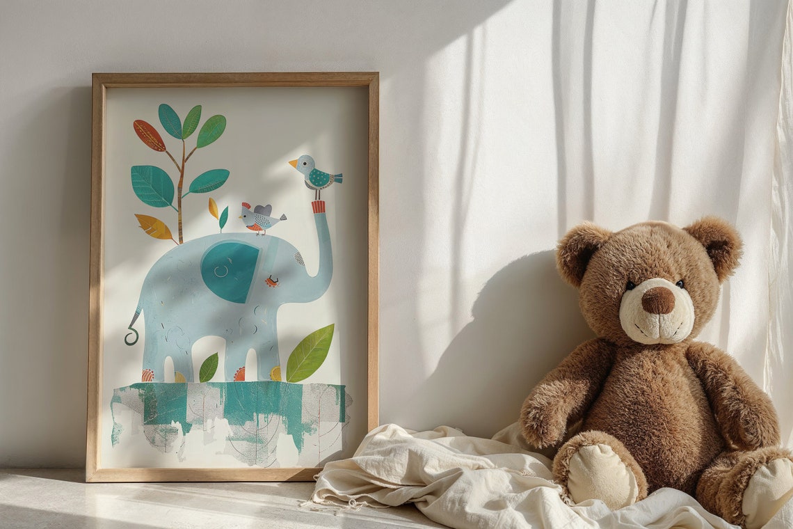 Light Blue Elephant With Birds Colorful Leaves Nursery Poster - Image 4