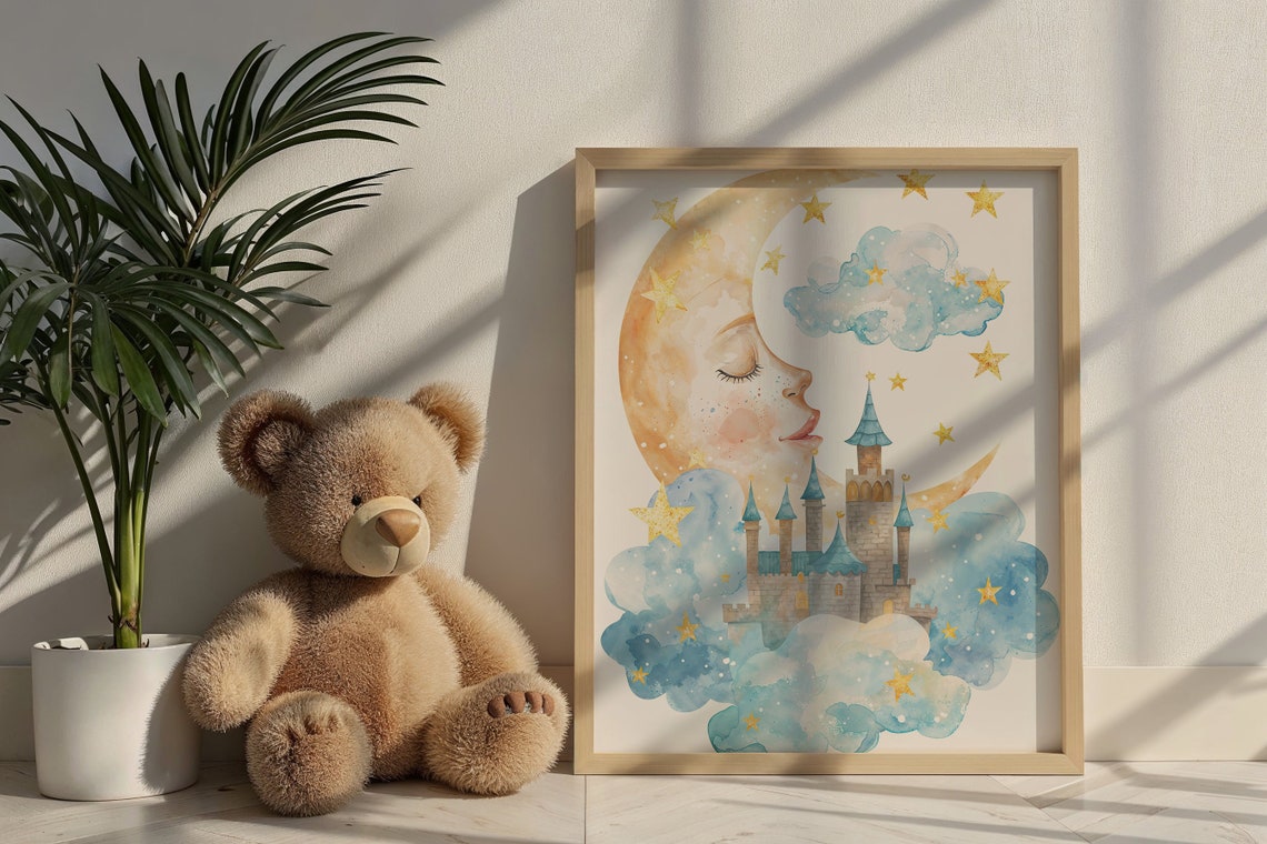 Fairytale Castle Moon Face Night Sky Watercolor Nursery Wall Poster - Image 6