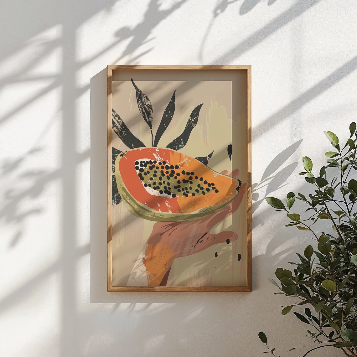 Hand Holding Papaya Half Tropical Leaves Retro Boho Kitchen Poster - Image 4