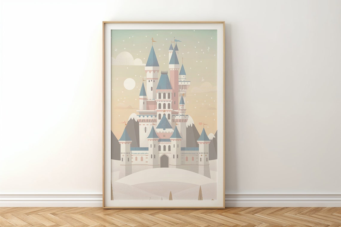 Snowy Pastel Fairytale Castle On Hill Blue Spires Princess Poster - Image 4