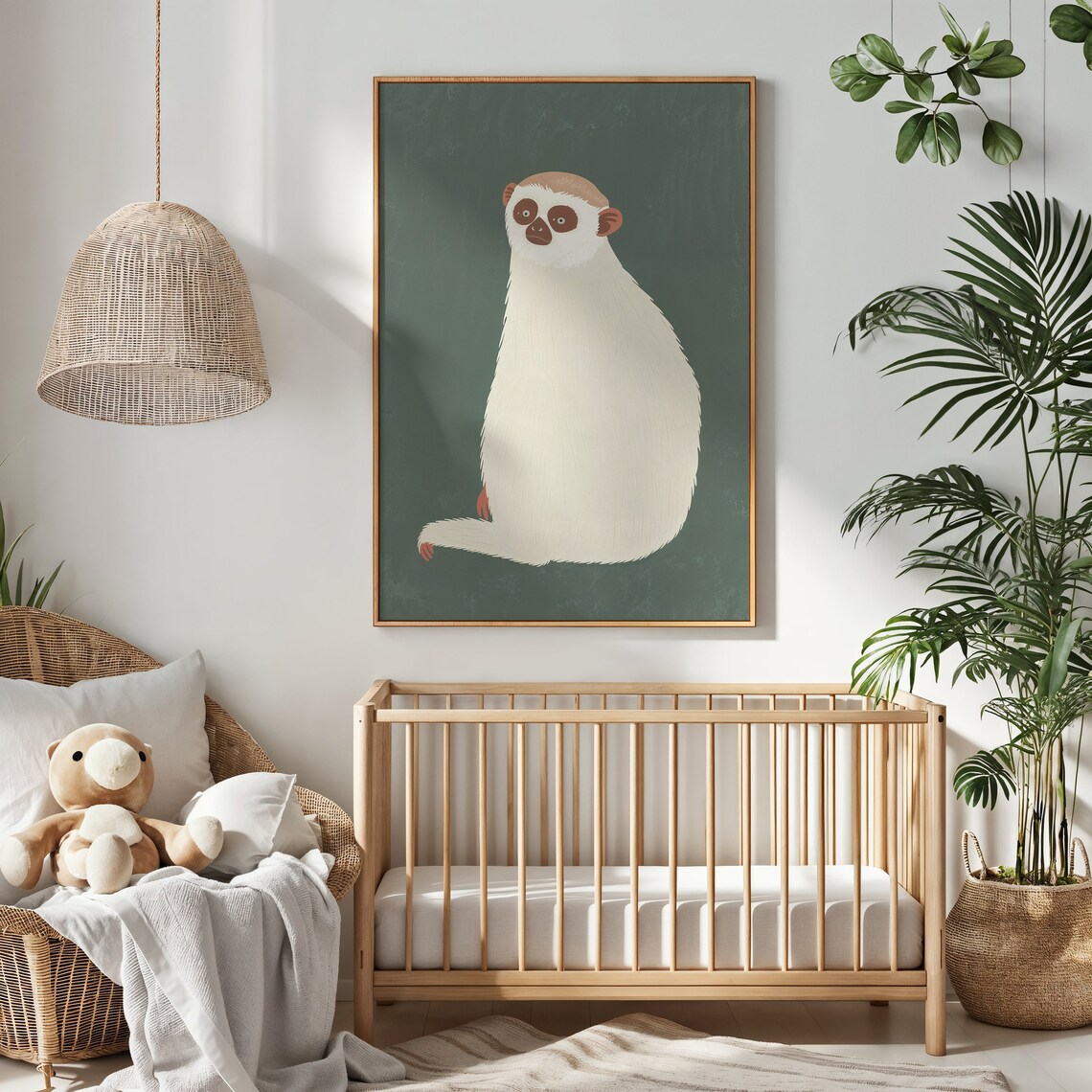 Sloth Cream Illustration On Forest Green Minimalist Kids Animal Poster - Image 3