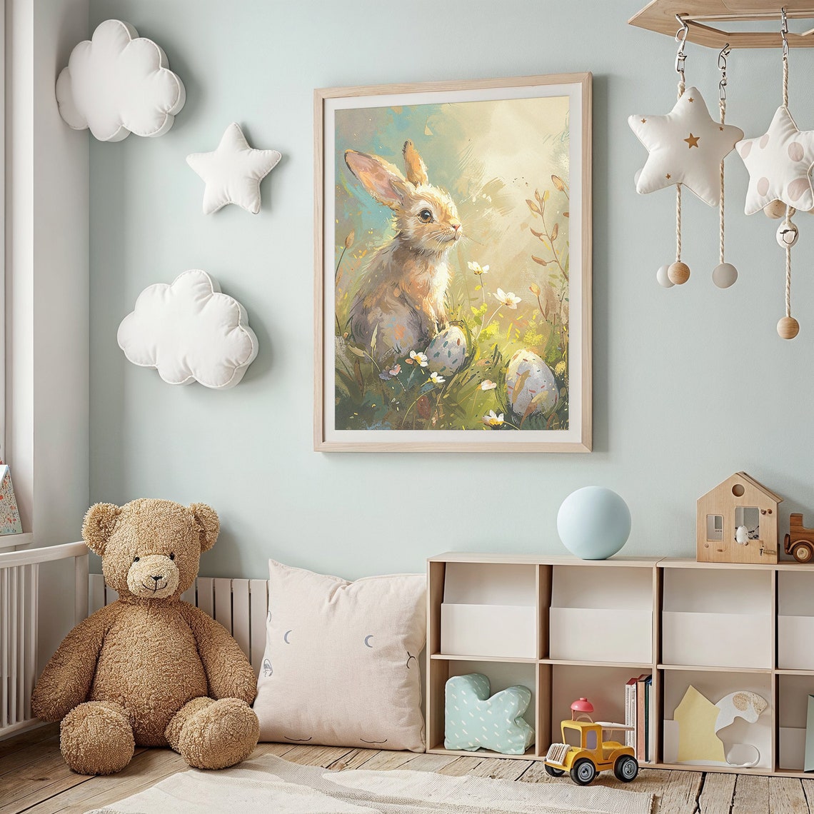 Light Brown Bunny Meadow Glow Painted Eggs Pastel Easter Poster - Image 2