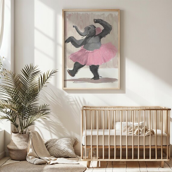 Whimsical Elephant Ballet Dancer Pink Tutu Kids Nursery Wall Art Poster