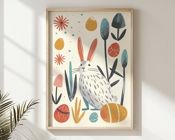 Modern Easter Bunny Decorated Eggs Flat Illustration Kids Room Poster