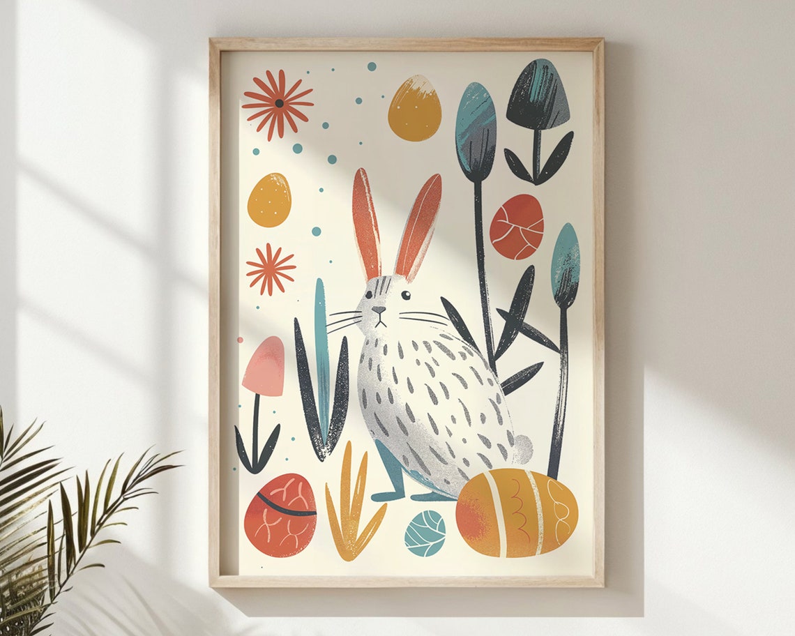 Modern Easter Bunny Decorated Eggs Flat Illustration Kids Room Poster