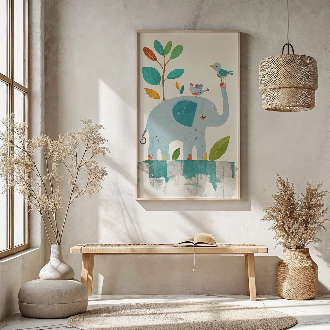 Light Blue Elephant With Birds Colorful Leaves Nursery Poster - Image 5