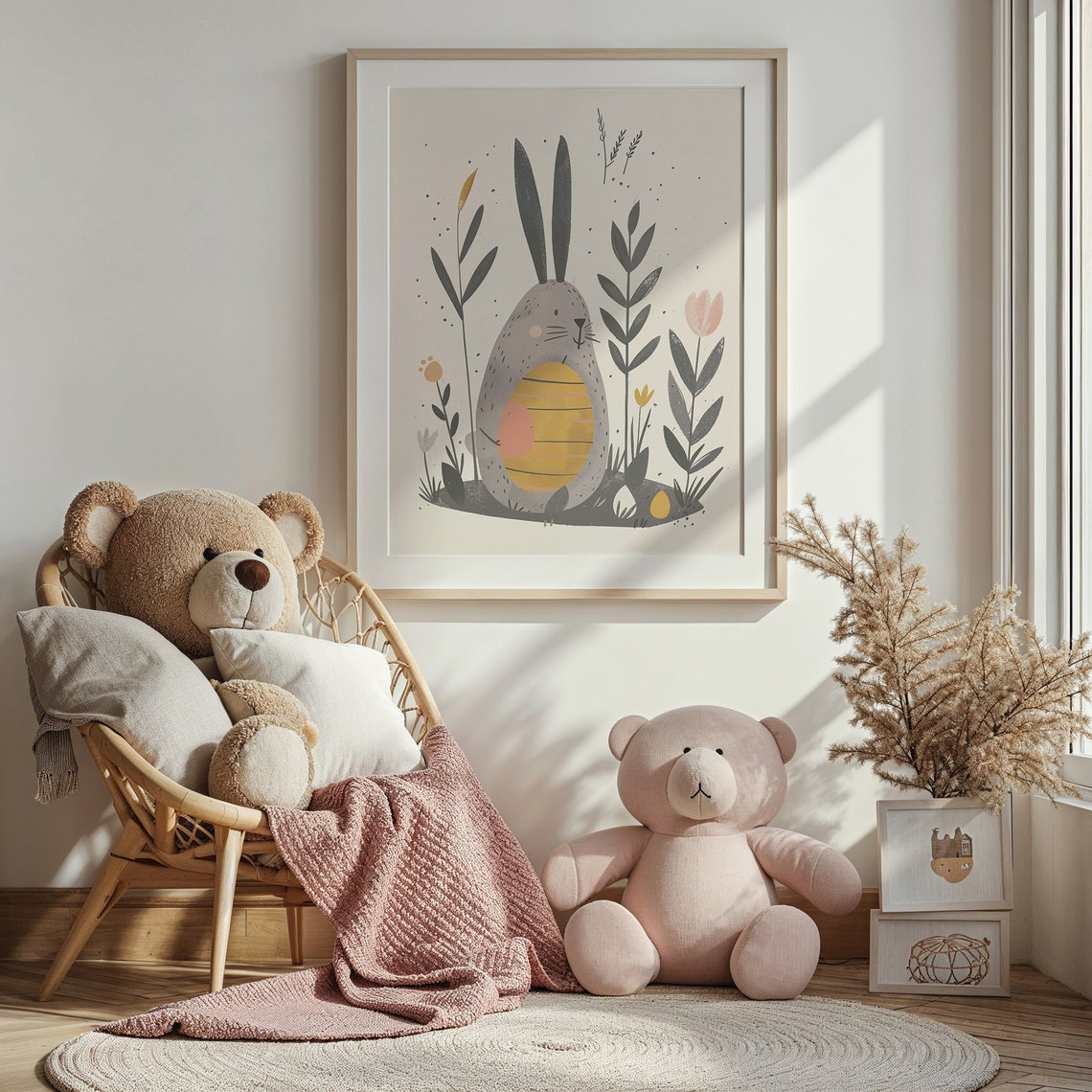 Gray Bunny Hugging Big Easter Egg Scandinavian Kids Room Poster - Image 4
