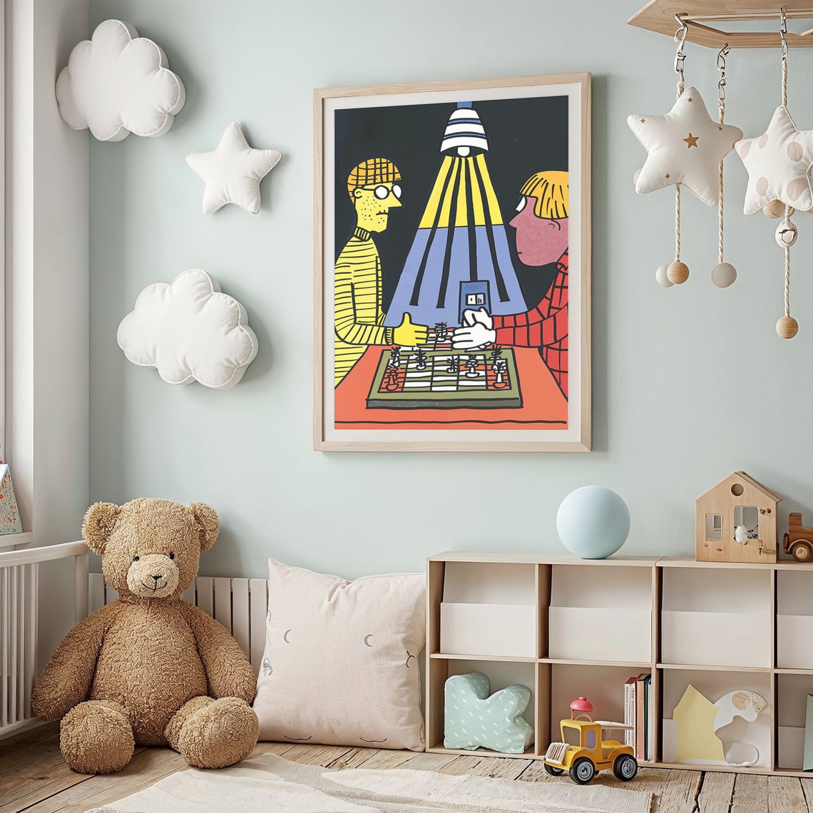Chess Players Under Lamplight Retro Cartoon Game Night Wall Poster - Image 2