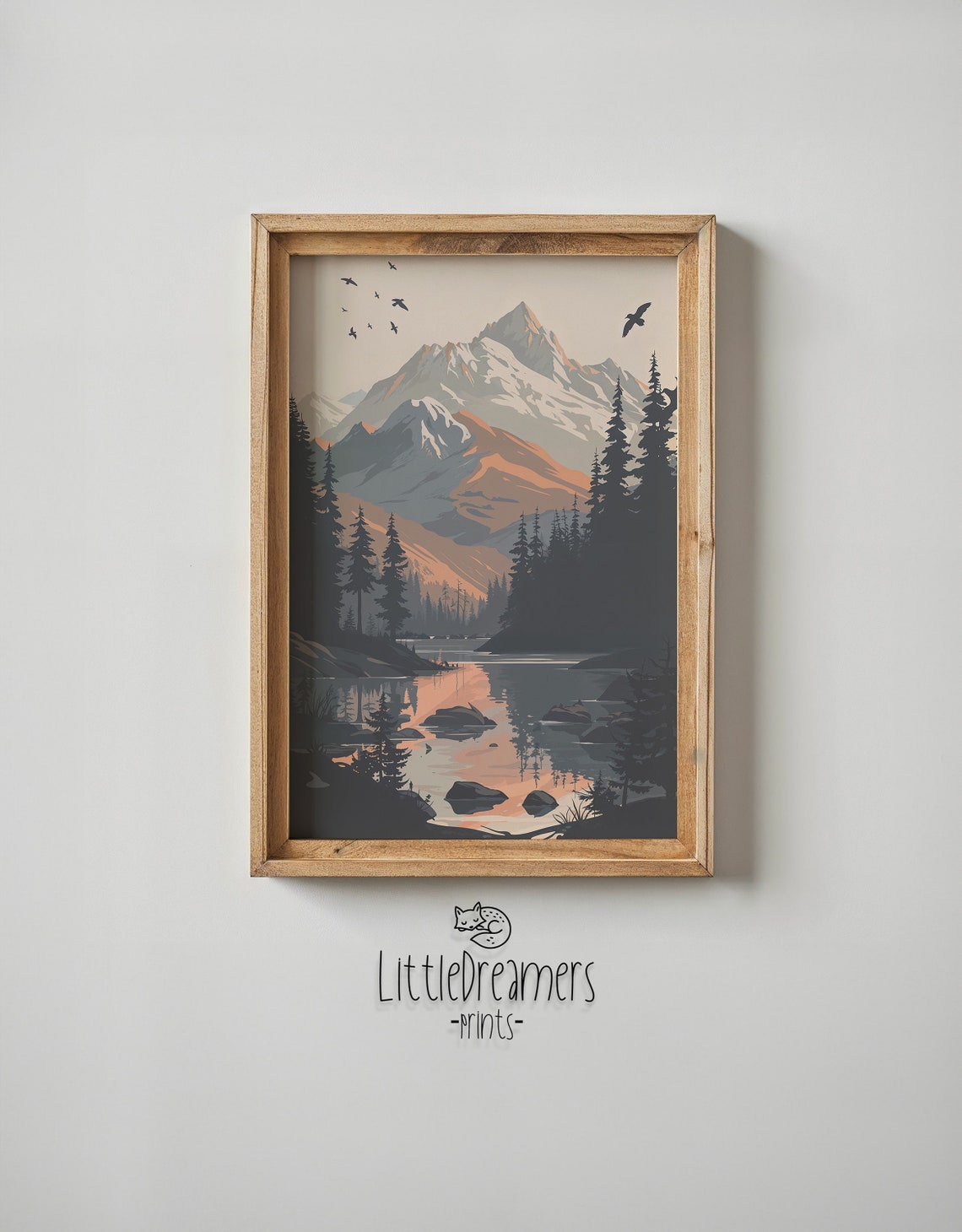 Mountain Lake Reflection Pine Forest Birds Dusk Landscape Poster - Image 5