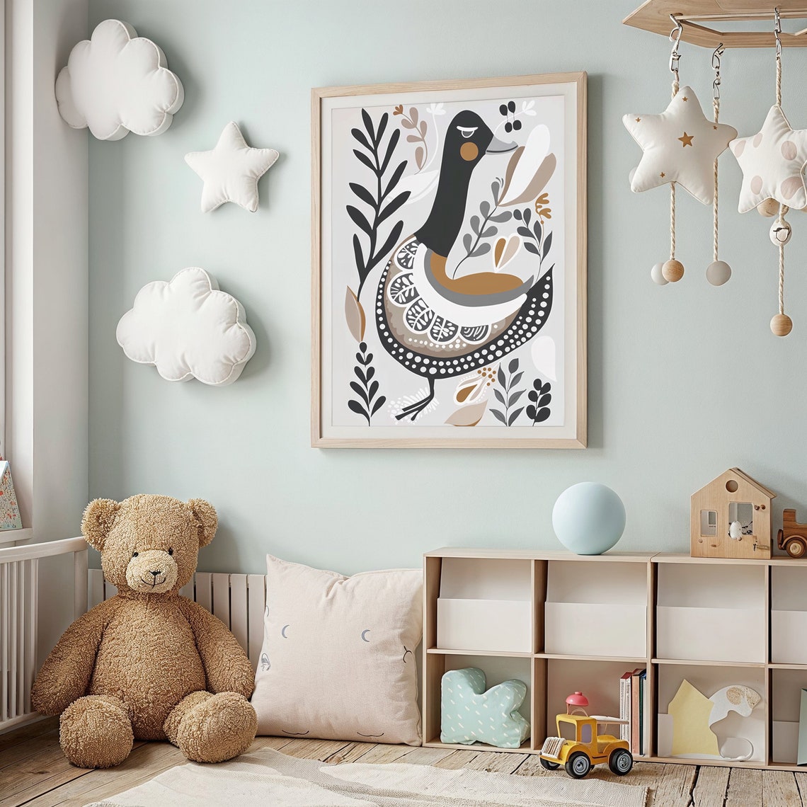 Folk Art Duck Nursery Poster Scandinavian Black Tan Botanical Print - Image 3