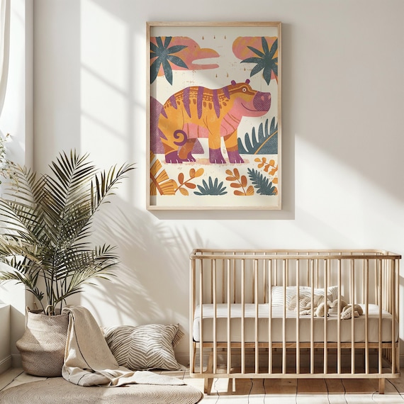 Colorful Patterned Hippo Among Tropical Plants Kids Room Poster