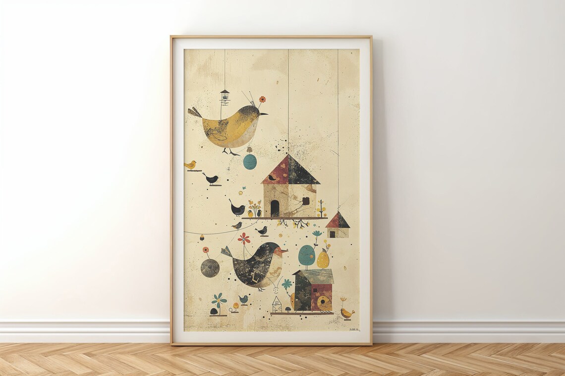 Whimsical Birds Birdhouses Vintage Collage Garden Nursery Poster