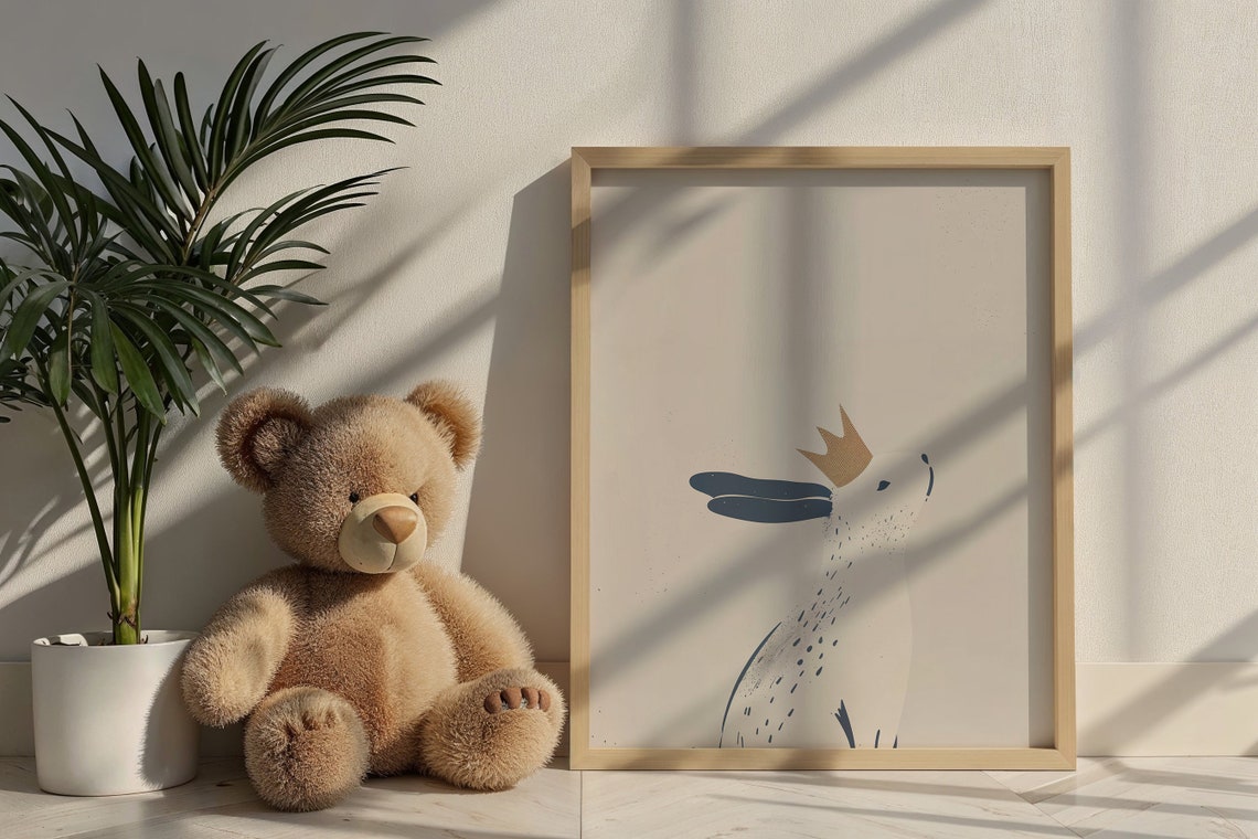 Crowned White Bunny Blue Ears Minimalist Neutral Nursery Wall Poster - Image 6