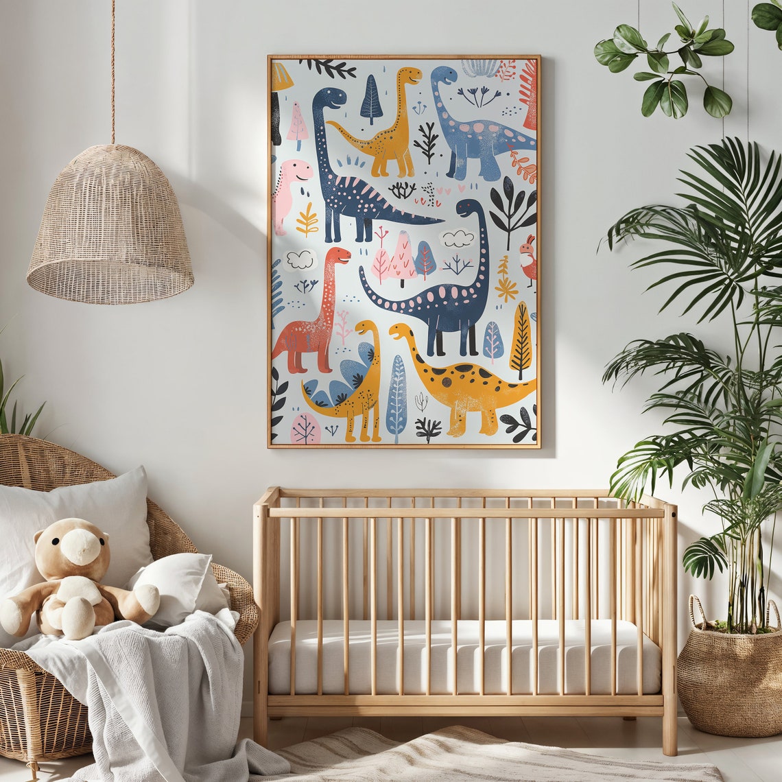 Colorful Long Neck Dinosaurs Pattern White Kids Room Nursery Poster - Image 3
