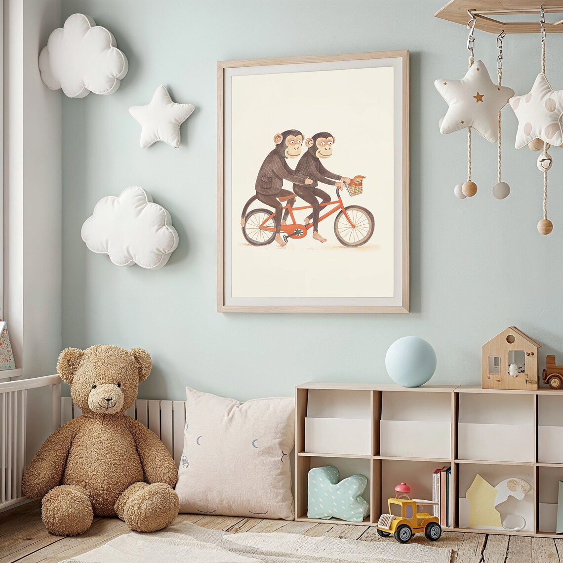 Two Monkeys Riding Tandem Bicycle Watercolor Nursery Kids Room Poster - Image 3
