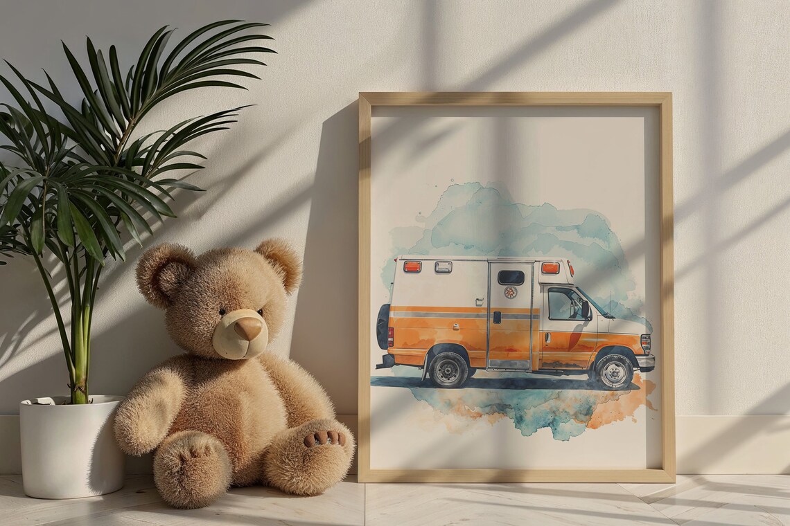 Orange Watercolor Ambulance Van Splash Art Kids Room Wall Poster - Image 5